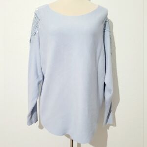 Vila Milano Light Blue Sweater Size Large Lace Sequin Shoulder Detail Soft Knit